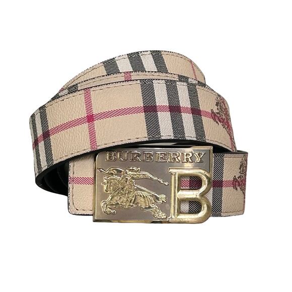 Burberry Unisex Reversible Check pattern Gold Buckle Equestrian Knight Logo 34 - Picture 1 of 16